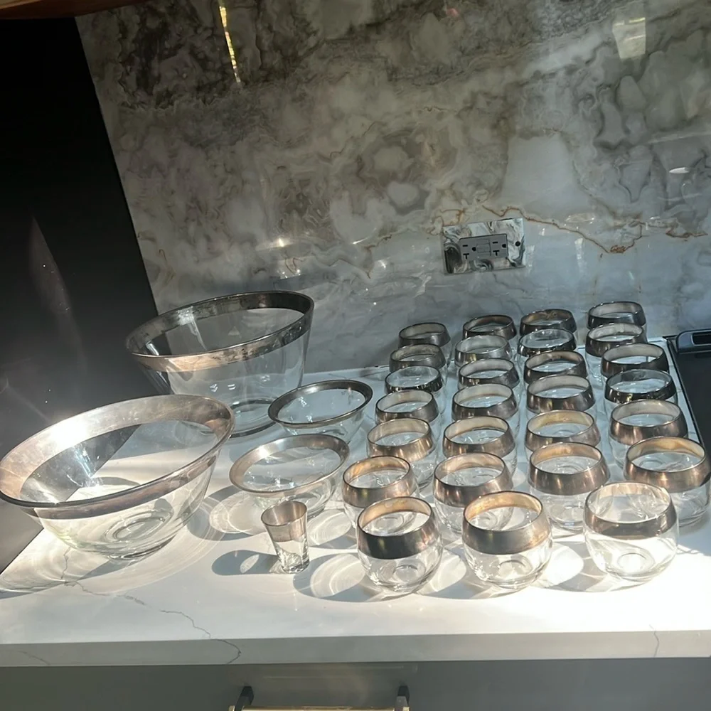 Set of 33 Pieces of Vintage Dorothy Thorpe Silver Rim Set Bowls & Short Glasses